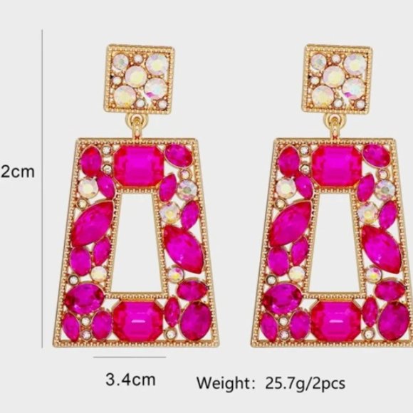NWT Rhinestone Hot Pink Geometric Drop Earrings. - Picture 2 of 4
